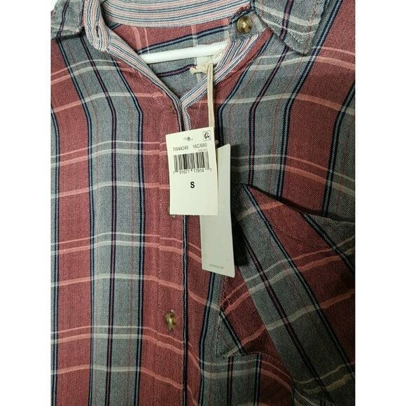 LUCKY BRAND Top Small Pink Blue Plaid 7W44249 Roll Tab Sleeve Shirt slouchy NWT‎ - Picture 7 of 15